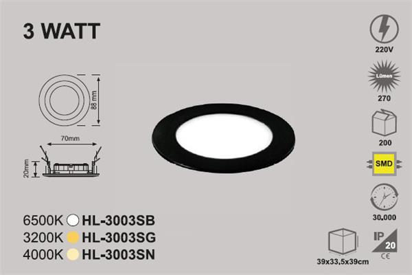 3 Watt Sıva Altı Yuvarlak Panel Siyah